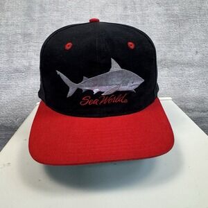 Sea World Hat Cap Mens Snap Back Black 2 Toned Vtg Shark Logo Embroidered USA